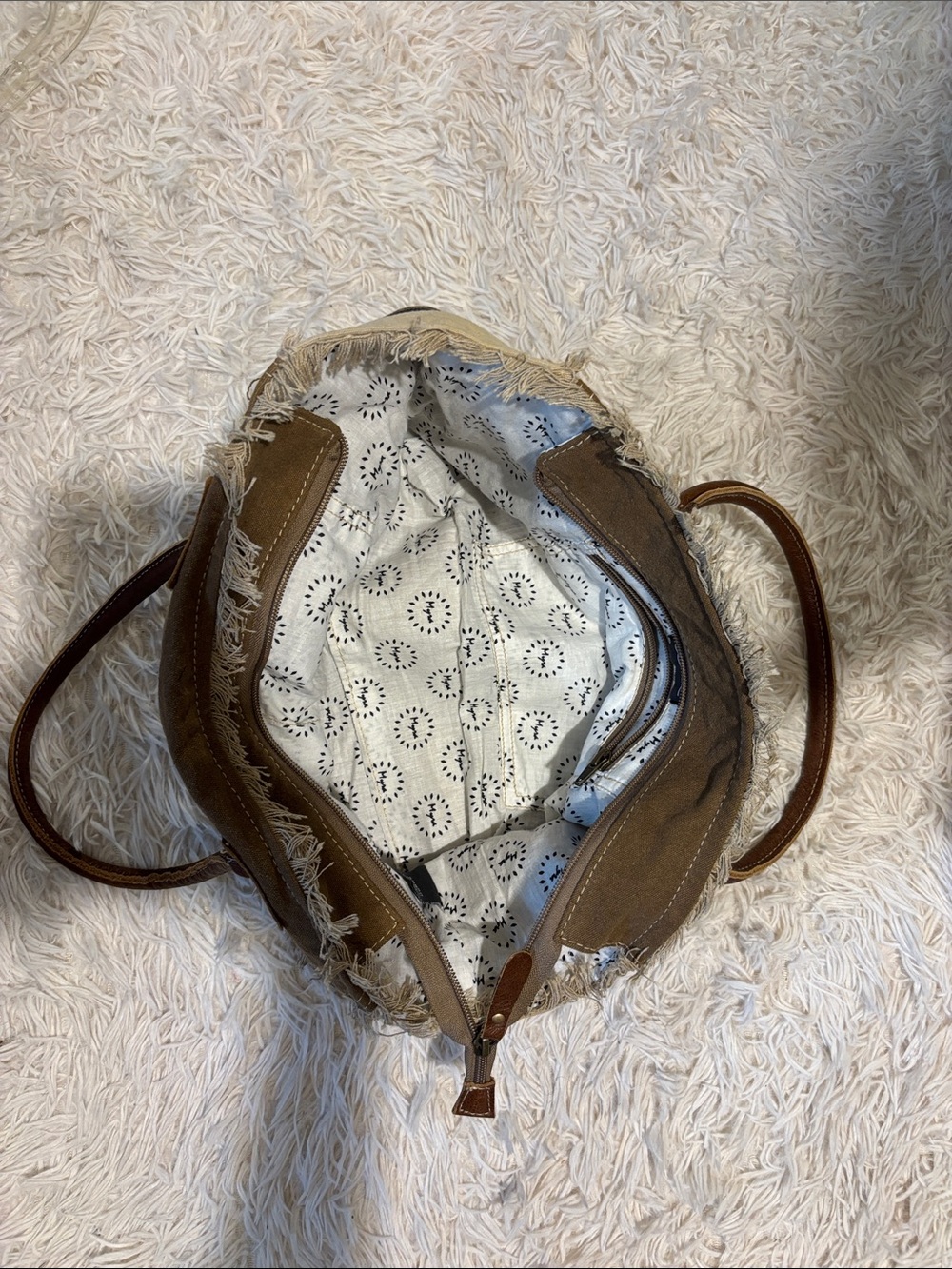 Myra Bag Brown Canvas Tote with Leather Handles and Fringe Trim - Picture 5 of 7
